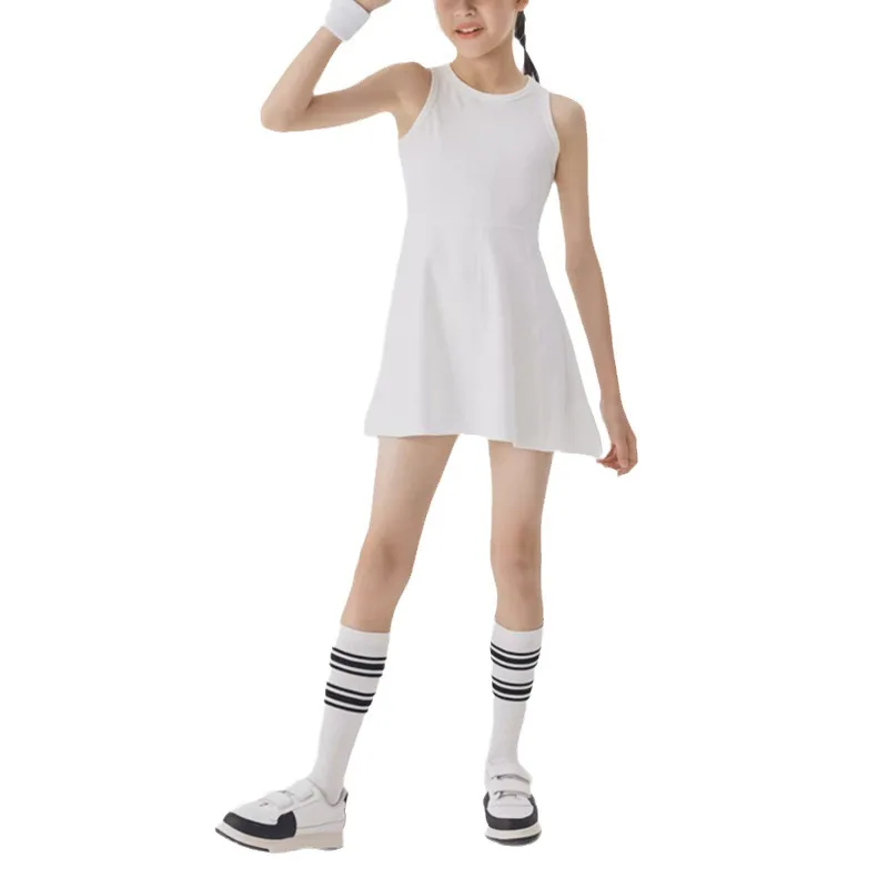 Ready to Ship Solid Color White Children's Fitted Yoga Tank Dress Casual Gym Running Fitness Kids Clothing Baby Girls Sportswear - Image 3