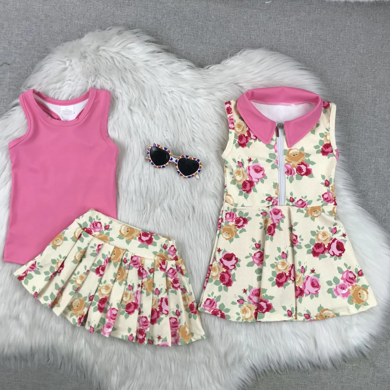 Pink Floral Tank Top and Skorts Active Sport Set for Toddler Girls Baby Yoga Dress Clothing Sweet Style Fitness Wear