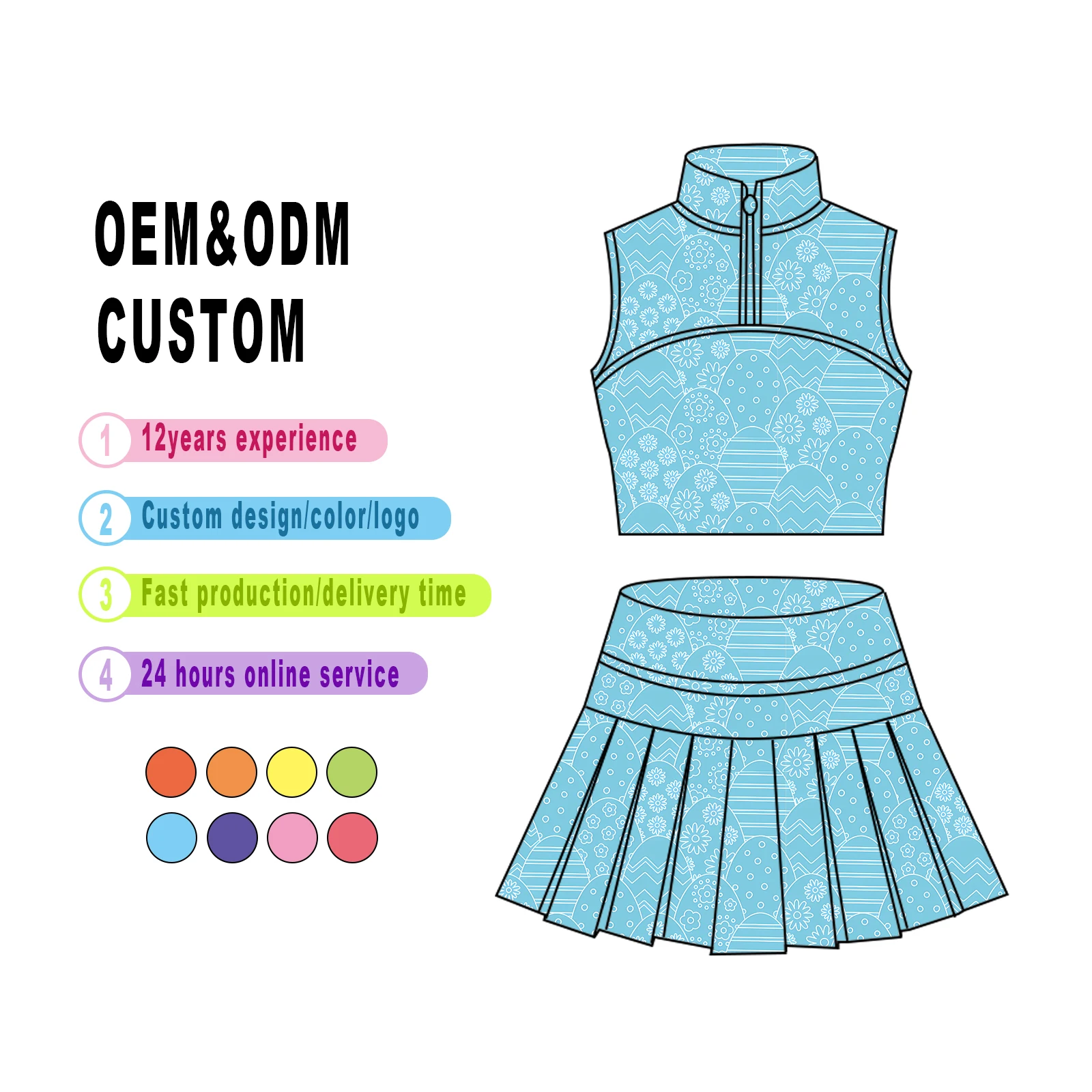 Custom Blue Color Kids Athletic Top + Skirt Set Golf Yoga Sport Tennis Set for Kids Baby Yoga Set