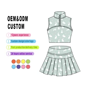 Girls Quarter Zip Yoga Outfit Sleeveless Top with Ruffle Waistband Skirt Set Kids Custom Printed Sportswear Clothes