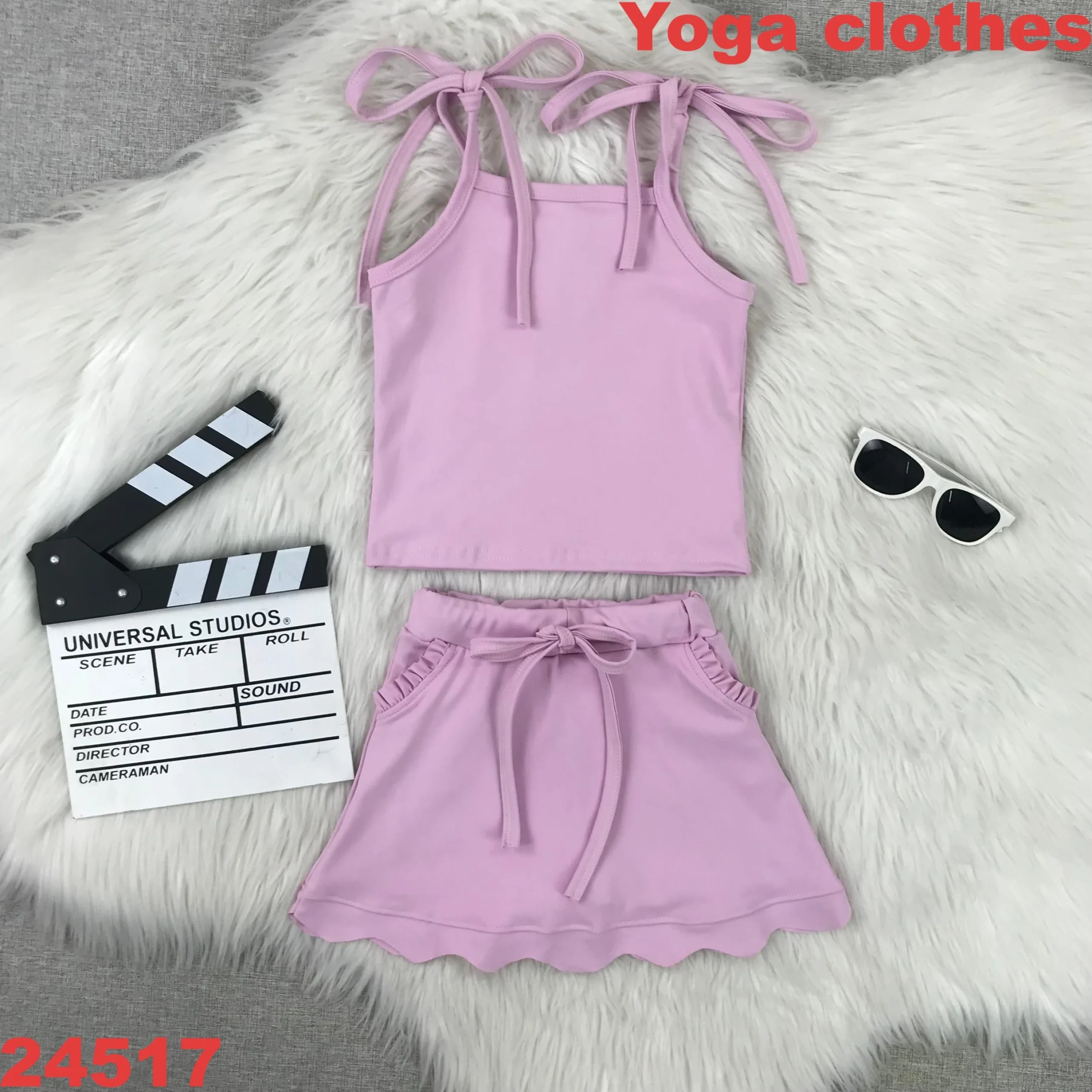 Customizable Child Kids Girls Yoga Clothing Sets ODM Embroidered Logo Low MOQ Solid Pattern Spaghetti Strap Top Skirt - Image 3