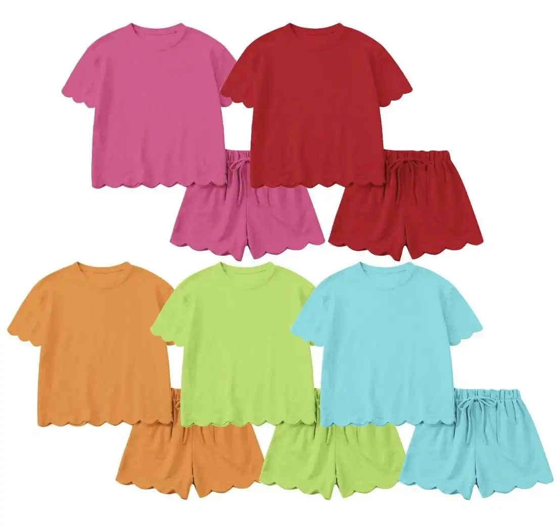 OEM Custom Yoga Clothes Girls Yoga Clothing Sets Girls Clothes Suit Short Sleeve Shorts Kids Clothes Scallop Design Outfit - Image 2