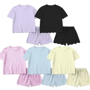 OEM Custom Yoga Clothes Girls Yoga Clothing Sets Girls Clothes Suit Short Sleeve Shorts Kids Clothes Scallop Design Outfit