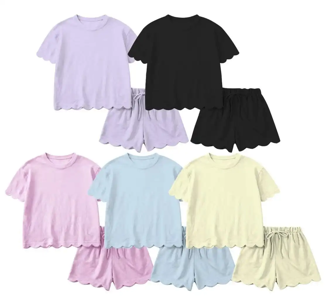 OEM Custom Yoga Clothes Girls Yoga Clothing Sets Girls Clothes Suit Short Sleeve Shorts Kids Clothes Scallop Design Outfit