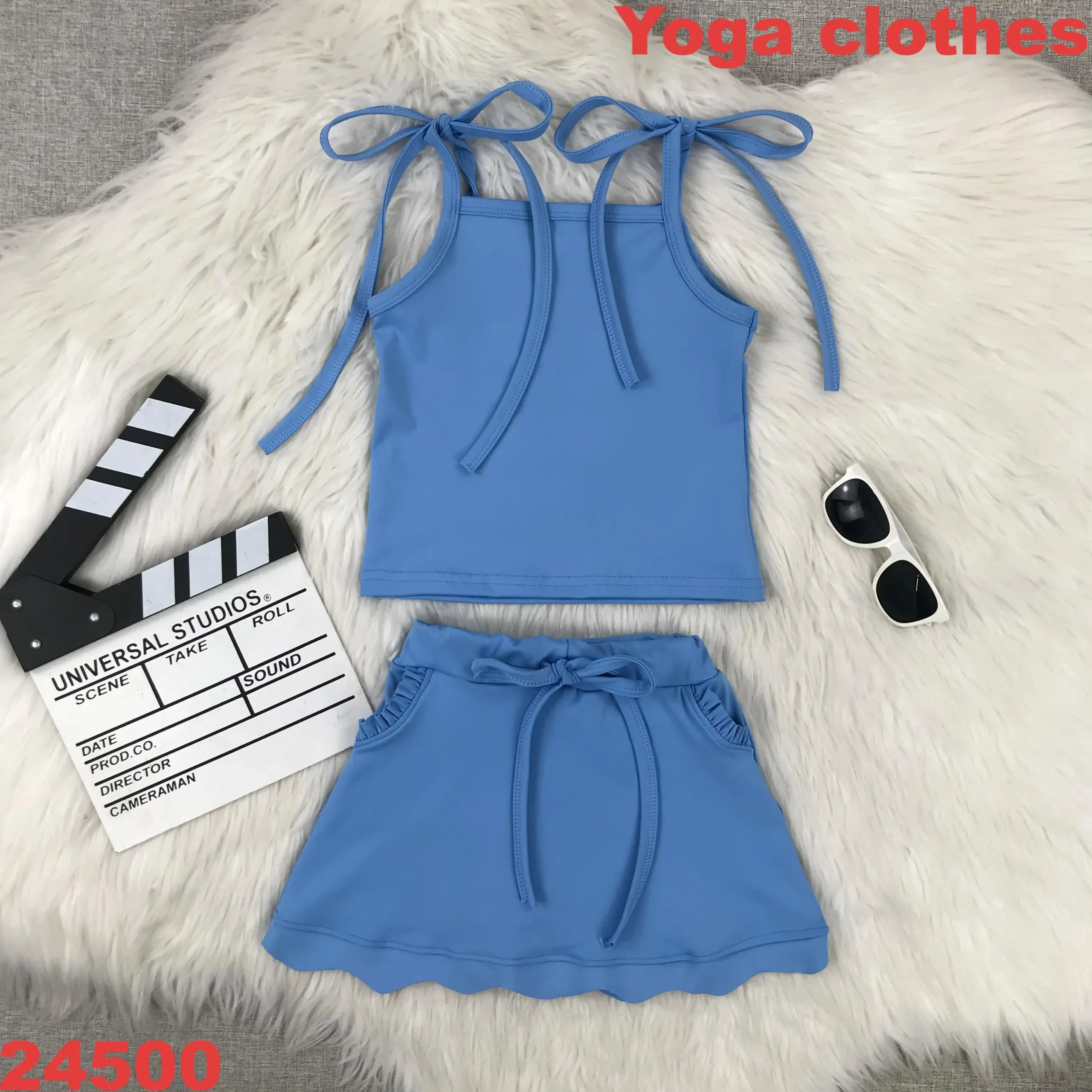 Customizable Child Kids Girls Yoga Clothing Sets ODM Embroidered Logo Low MOQ Solid Pattern Spaghetti Strap Top Skirt - Image 4