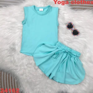 RTS Kids Solid Color Yoga Shorts Sets Breathable 2-Piece Sleeveless Pocket Mid Waist Crisscross Straps Crew Neck 230g
