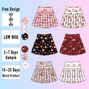 Girls Children Valentine's Day Print Yoga Skirt 2 1 Built Shorts Custom Logo Eco-Friendly Breathable A-line Pleated Casual Skort