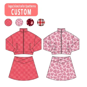 Custom Casual Eco-Friendly Summer Long Sleeved Yoga Jacket Short Skirt Set for Girls Print Heart Pattern Zip