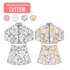 Girls Summer Eco-Friendly Yoga Fabric Two-Piece Custom Farm Print Long Sleeve Zip Jacket Skirt Set Casual Sportswear Toddler