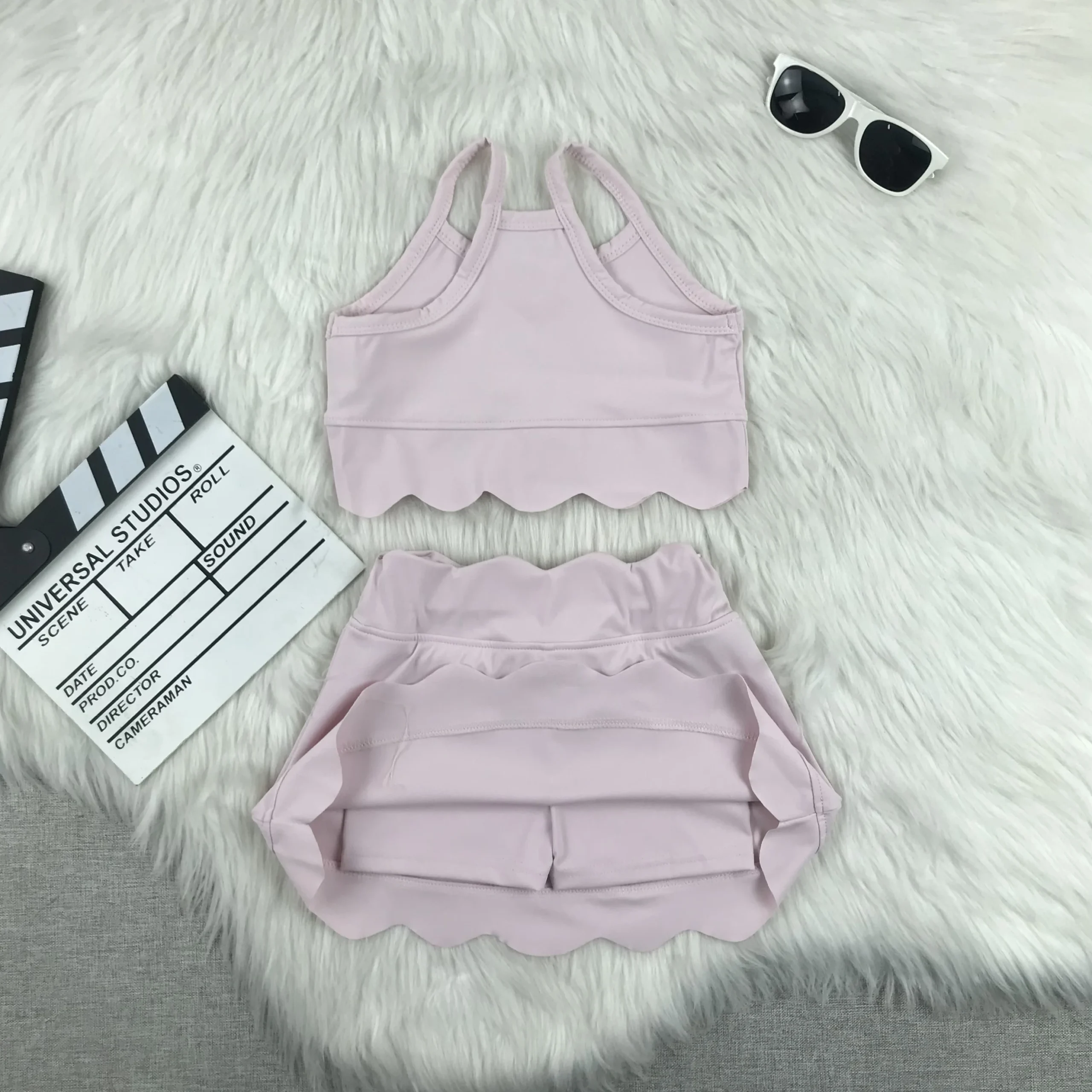Custom Designed Girls One-Shoulder Skirt Set Nice Satin Yoga Fabric Wholesale Cute Spaghetti Strap Top Dress Sets - Image 6